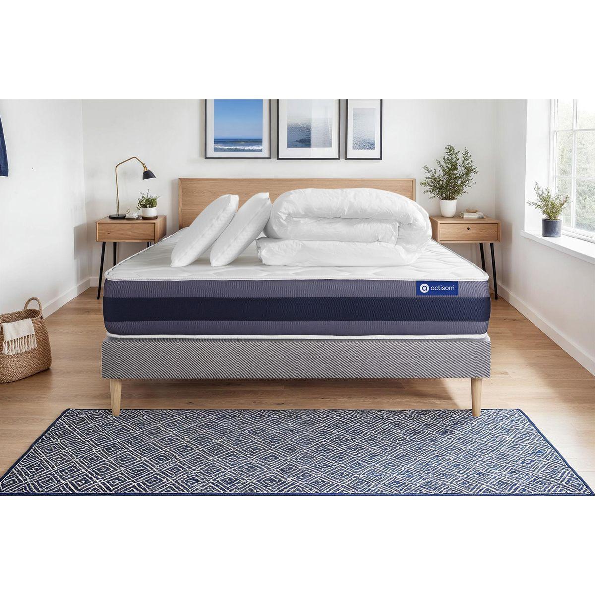 BETT Actiflex morpho Taschenfederkern und Memory-Schaum 160 x 200 cm h1 - Kit Bettgestell Grau - Mit Kissen und Bettdecke - Beige/Grau, Karton/Holz (160/200cm) - ACTISOM