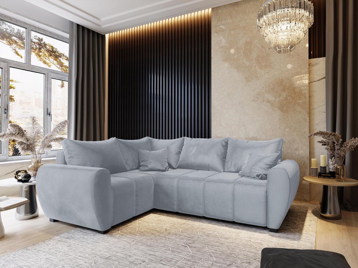 ECKSOFA MADISON L L-S Hellgrau Plüsch-Stoff mit Schlaffunktion - Hellgrau/Schwarz, Holz/Kunststoff (235/175cm) - MASSENO