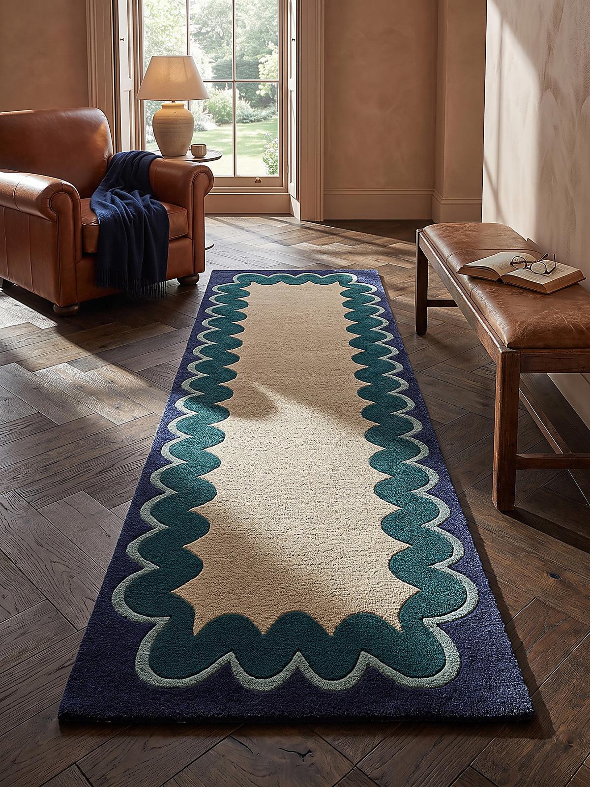 TEPPICHLÄUFER handgetuftet WAVENEY, Zickzack-Wellenbordüre, Petrol, 80 x 230 cm - Türkis, Textil (80/230cm) - KADIMA DESIGN