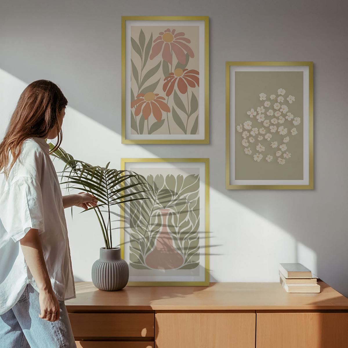 BILDER SET 3er Set - 40x60 cm Goldrahmen - Florale Boho-Muster - Goldfarben, Kunststoff (40/60cm) - TULUP