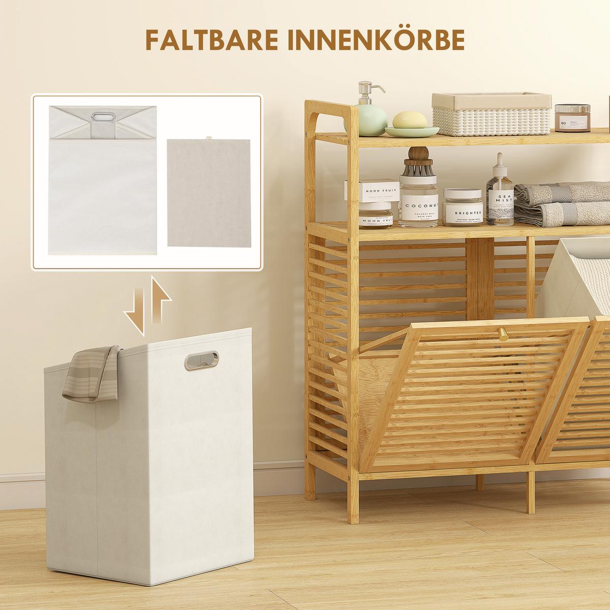 WÄSCHEKORB Bambus Polyester Naturholz - Naturfarben, Holz/Textil (33/88/82cm) - HOMCOM