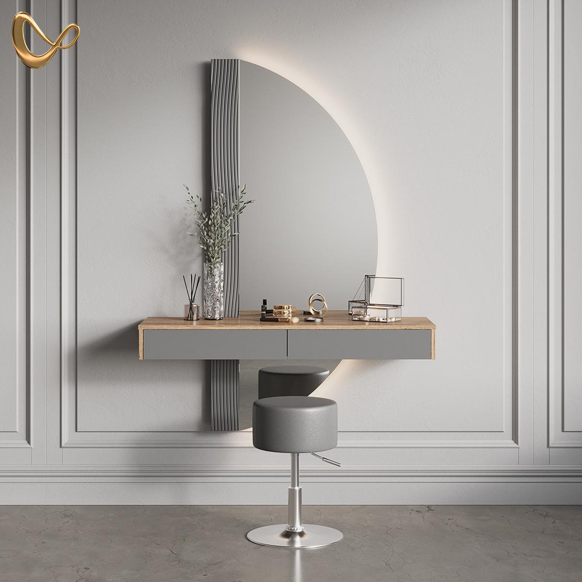 SCHMINKTISCH Ascona Grau mit Beleuchtung und Hocker - Grau, Holzwerkstoff (120/161.1/40cm) - Livinity®