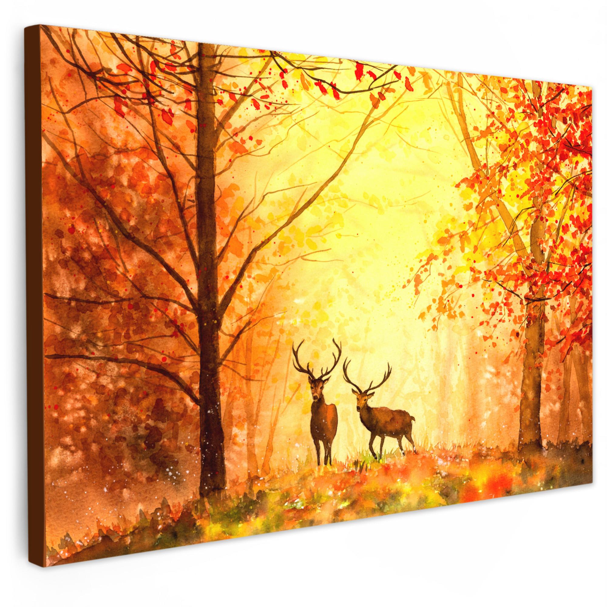 LEINWANDBILD Natur - Ölfarbe - Hirsche - Tiere - Herbst - Orange Gemälde 60x40 cm - Orange, Textil (60/40cm) - MuchoWow
