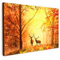 LEINWANDBILD Natur - Ölfarbe - Hirsche - Tiere - Herbst - Orange Gemälde 60x40 cm - Orange, Textil (60/40cm) - MuchoWow
