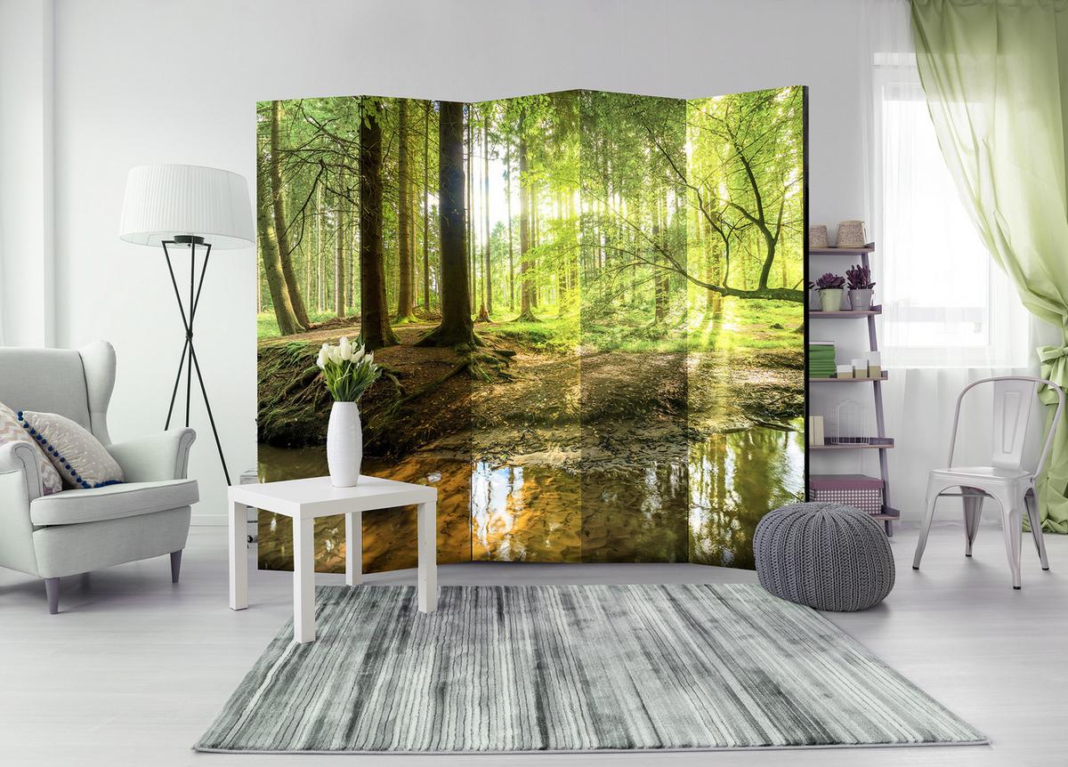 PARAVENT Einseitig Bedruckter 5-tlg 225x172 cm Waldsee Sonne - Grün, Holz/Textil (225/172/3cm) - Muralo