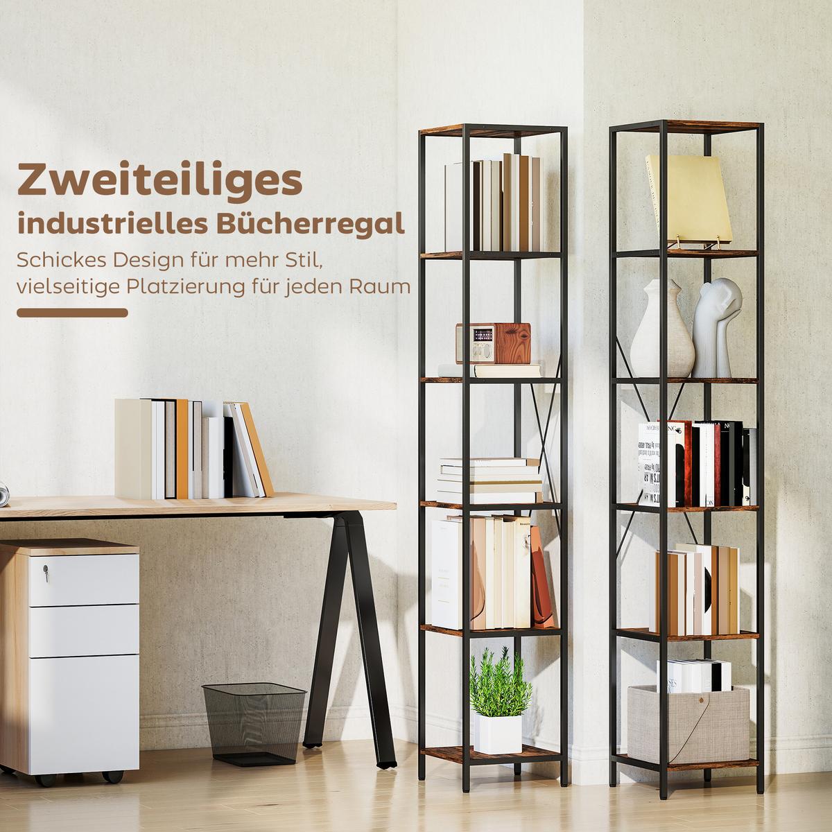 BÜCHERREGAL 2er Set Spanplatte Kohlenstoffstahl Rustikal-Braun - Schwarz/Braun, Holzwerkstoff/Metall (30/174.5/30cm) - HOMCOM