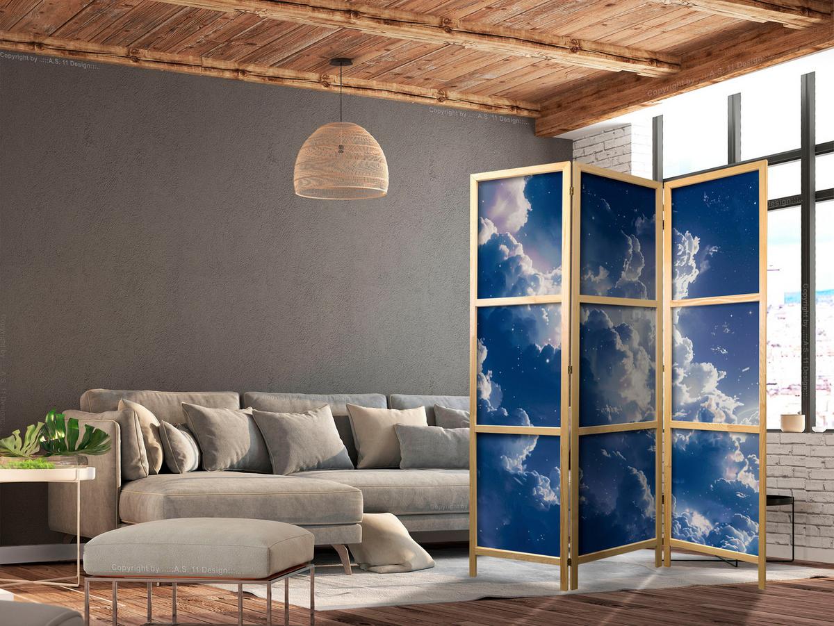 PARAVENT Japanischer 3-tlg 135x172 cm Abendhimmel - Blau, Holz/Textil (135/172/3cm) - Muralo