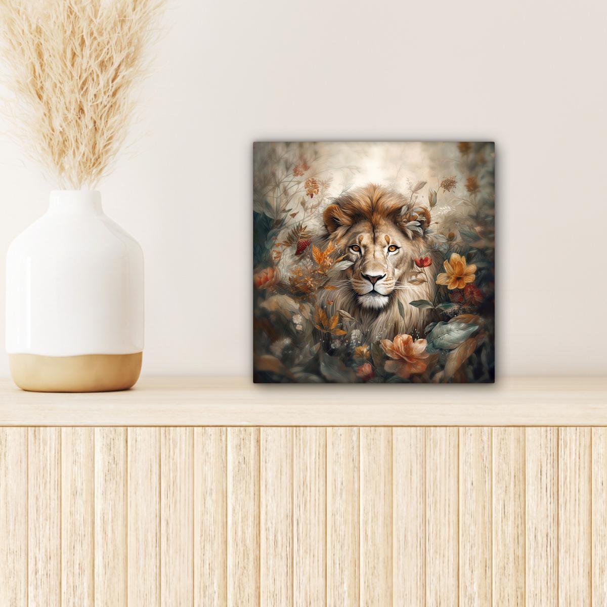 LEINWANDBILD Löwe - Wildtiere - Pflanzen - Natur - Blumen Deko Wohnzimmer 20x20 cm - Beige, Textil (20/20cm) - MuchoWow