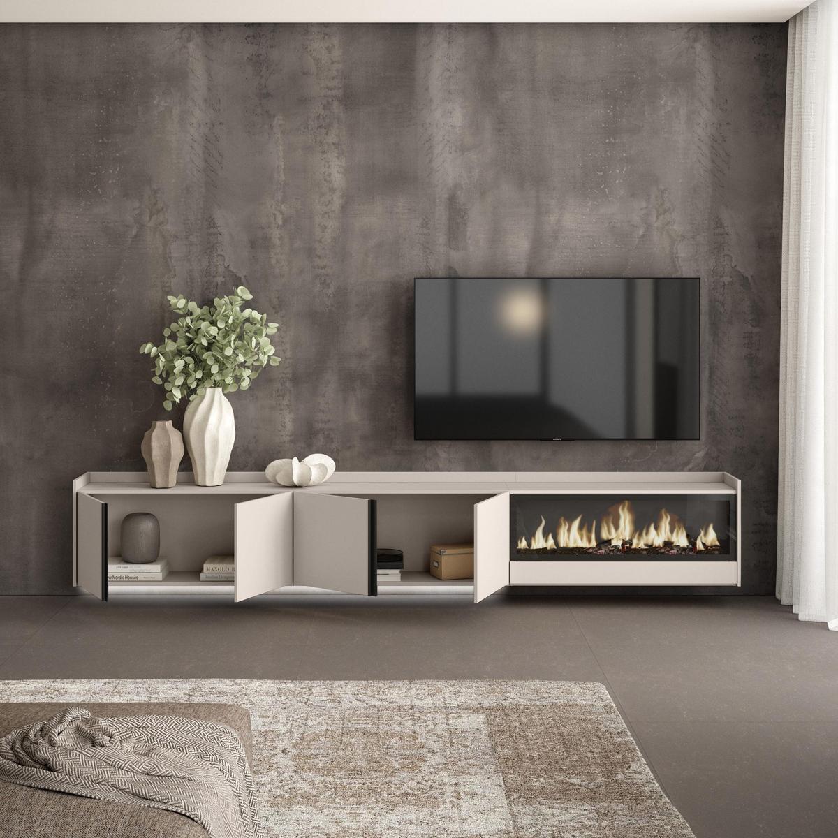 LOWBOARD, Beige, 315/35/50cm, Kamin mit Feuereffekt XXL - Beige, Holzwerkstoff (315/50/35cm) - Skraut Home