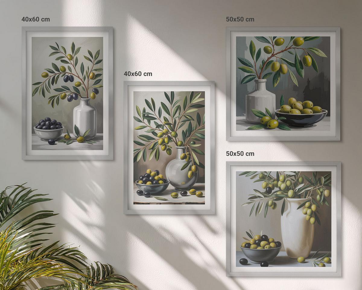 BILDER SET 4er Set - 50x50 cm & 40x60 cm Silberner Rahmen - Oliven in Keramikgrau - Silberfarben, Kunststoff (50/50cm) - TULUP
