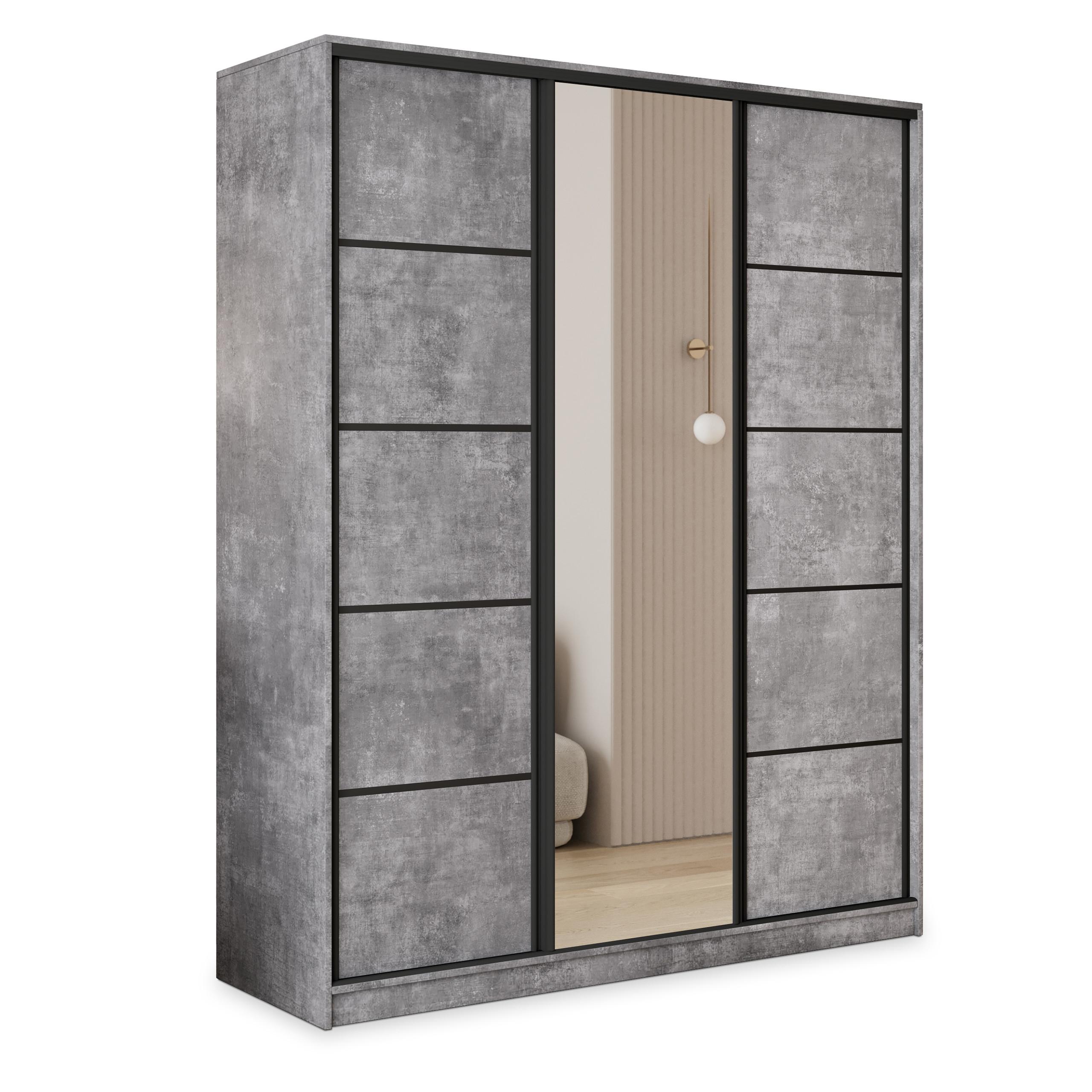 SCHWEBETÜRENSCHRANK PINA 150/205/58 cm 3-türig mit Spiegel und Schubladen Titanfarben - Titanfarben/Schwarz, Holzwerkstoff (150/205/58cm) - MASSENO