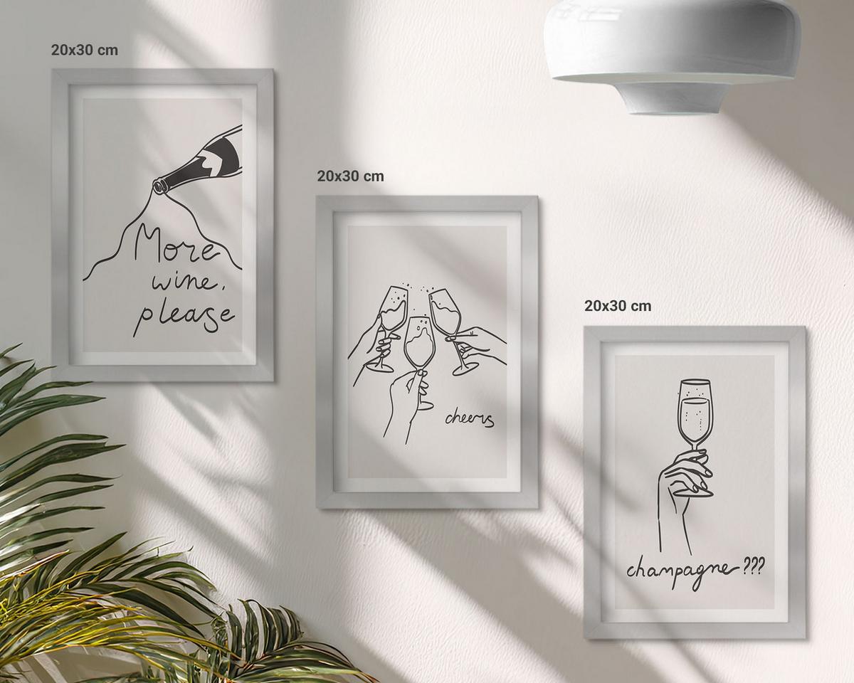 BILDER SET 3er Set - 20x30 cm Silberner Rahmen - Champagner-Wein-Linienzeichnung - Silberfarben, Kunststoff (20/30cm) - TULUP