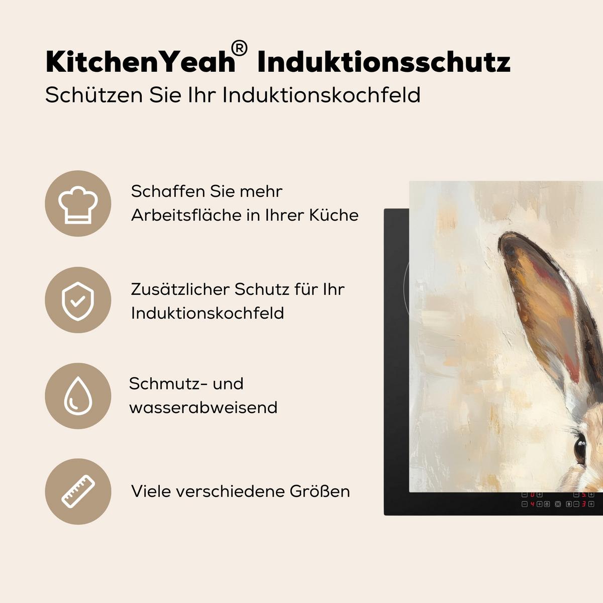 HERDABDECKPLATTE Hase - Ohren - Braun Herdabdeckung Induktionsfeld 70x52 cm - Beige, Kunststoff (70/52/0.2cm) - MuchoWow