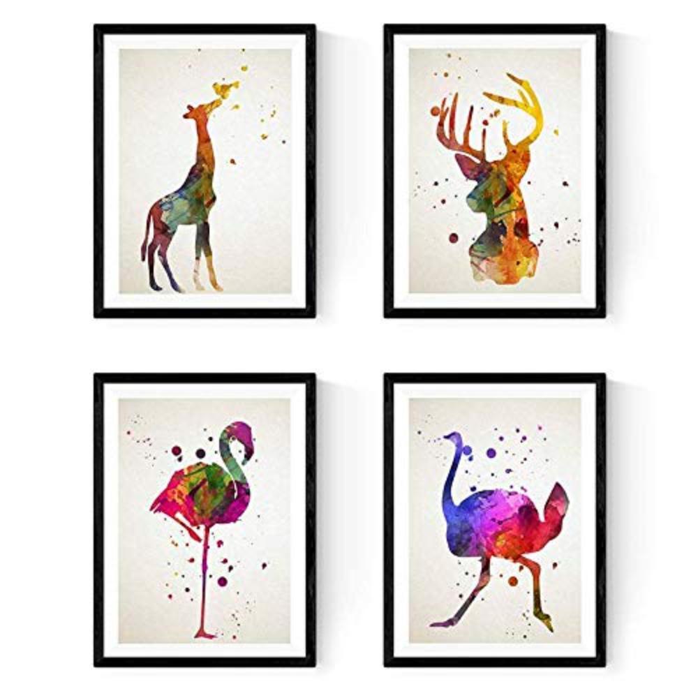 POSTER Set mit 4 Flamenco, Strauß, Hirsch und Giraffe A3 Schwarzer Rahmen - Schwarz, Papier (29.7/3cm) - Nacnic
