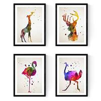 POSTER Set mit 4 Flamenco, Strauß, Hirsch und Giraffe A3 Schwarzer Rahmen - Schwarz, Papier (29.7/3cm) - Nacnic