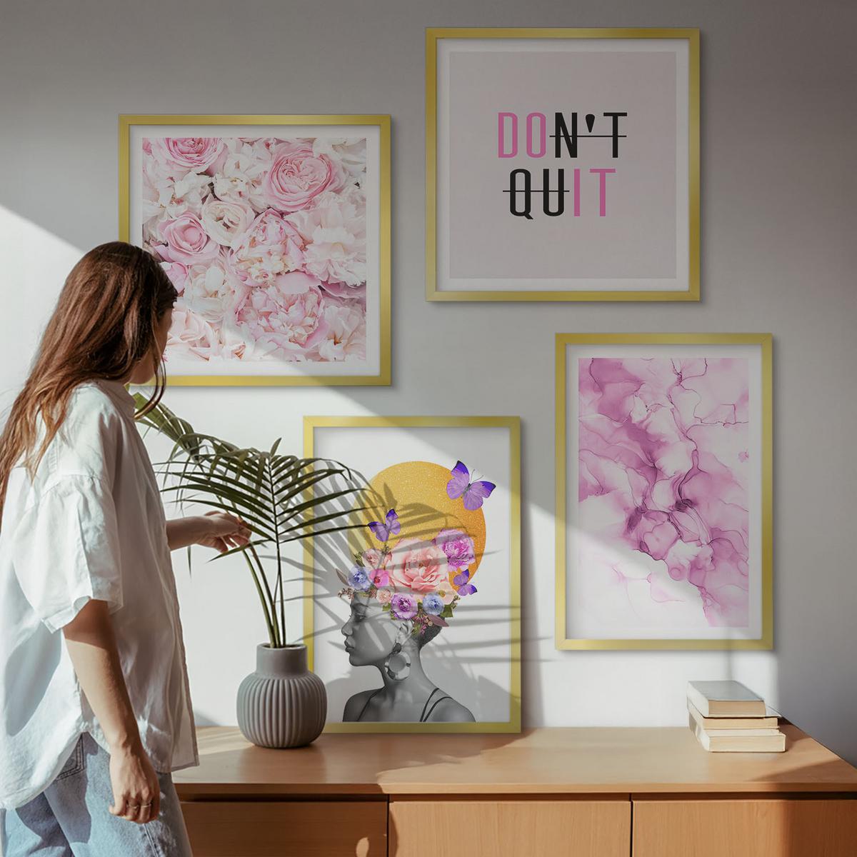 BILDER SET 4er Set - 50x50 cm & 40x60 cm Goldrahmen - Abstraktes Blumenporträt einer Frau - Goldfarben, Kunststoff (50/50cm) - TULUP