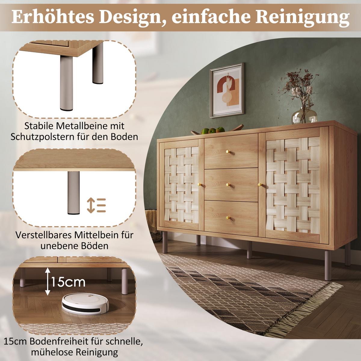 SIDEBOARD in eichenoptik mit gewebten fronten, 2 türen und 3 schubladen - Eichefarben, Holz (120/70/40cm) - Urban Meuble