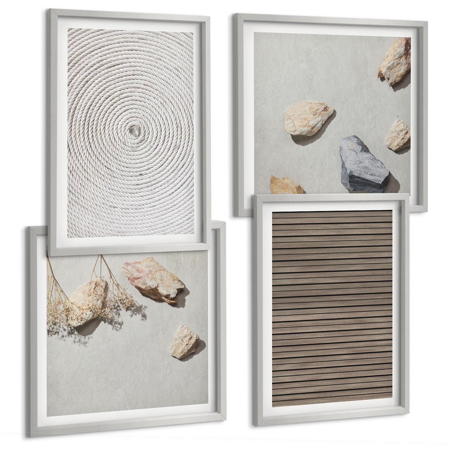 BILDER SET 4er Set - 50x50 cm & 40x60 cm Silberner Rahmen - Natürliche Texturen Holz Steine - Silberfarben, Kunststoff (50/50cm) - TULUP