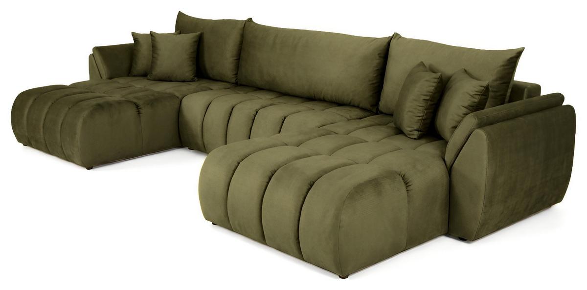 ECKSOFA Iris U mit Schlaffunktion und Bettkasten, U-Form – Olivgrün Samt 382/184/85 cm - Schwarz/Olivgrün, Kunststoff/Textil (382/184cm) - WFL GROUP