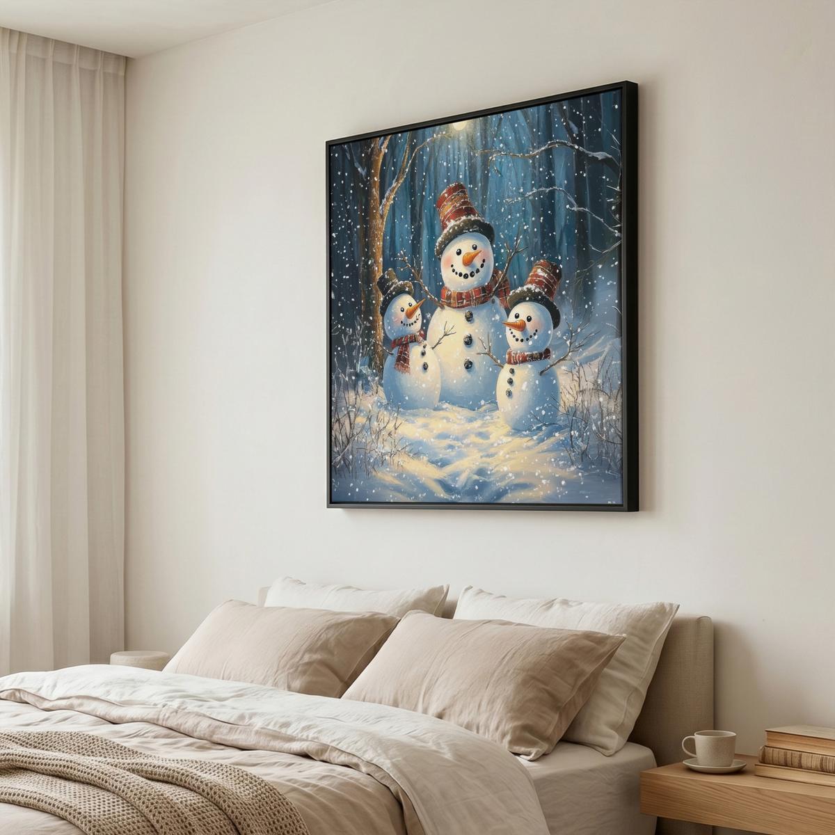 LEINWAND Bilder mit Rahmen - Schneemann - Schnee - Winter - Wald - 90x90 - Hellblau, Textil (90/90cm) - MuchoWow