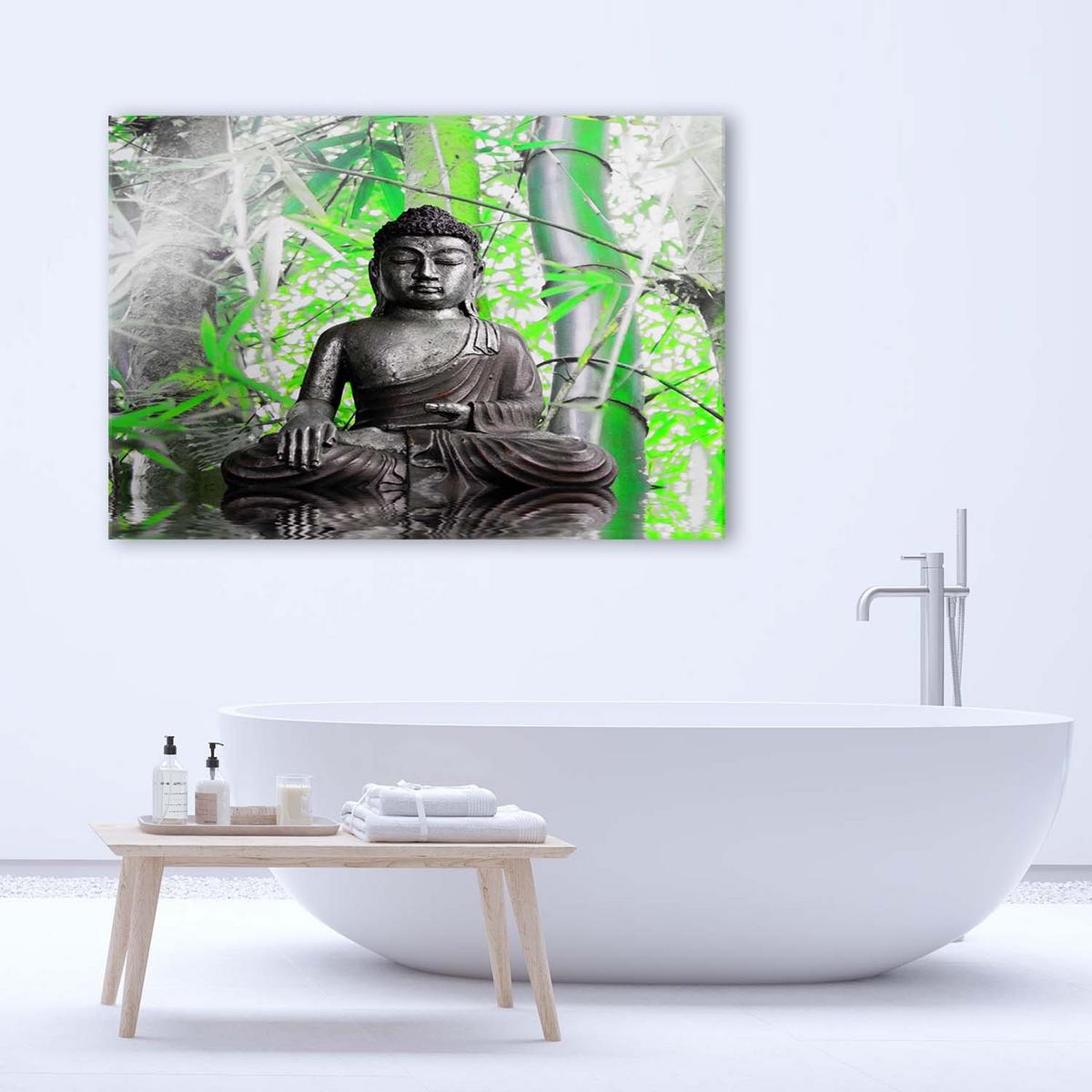 WANDBILD Buddha und Blätter 60x40cm - Grün, Textil (60/40cm) - Feeby