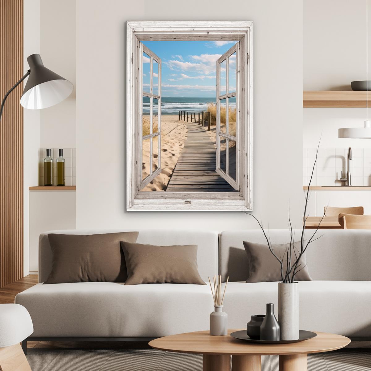 METALLBILD Fenster - Meer - Küste - Natur - Ausblick - Strand - Wattenmeer 80x120 cm - Beige, Metall (80/120cm) - MuchoWow