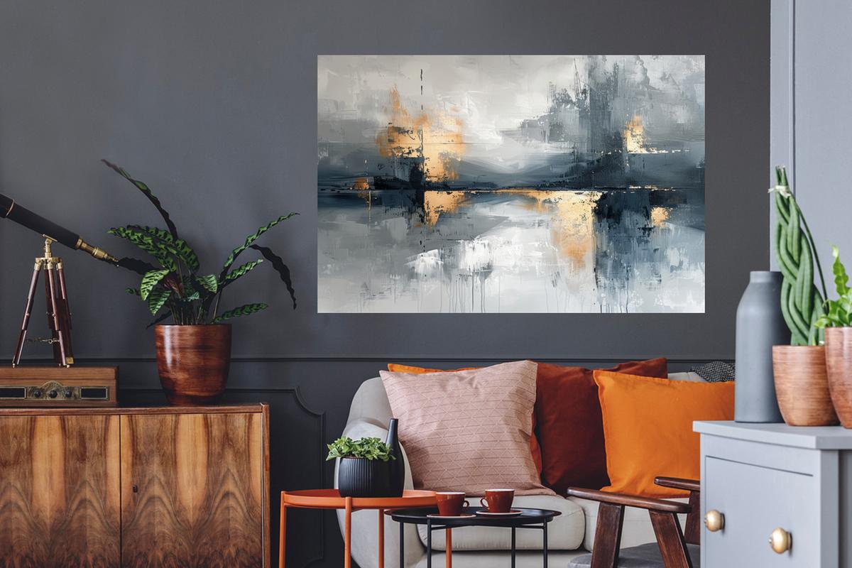 WANDTATTOO Kunst - Grau - Gold - Abstrakt Wandsticker 120x80 cm - Dunkelgrau, Kunststoff (120/80/0.1cm) - MuchoWow