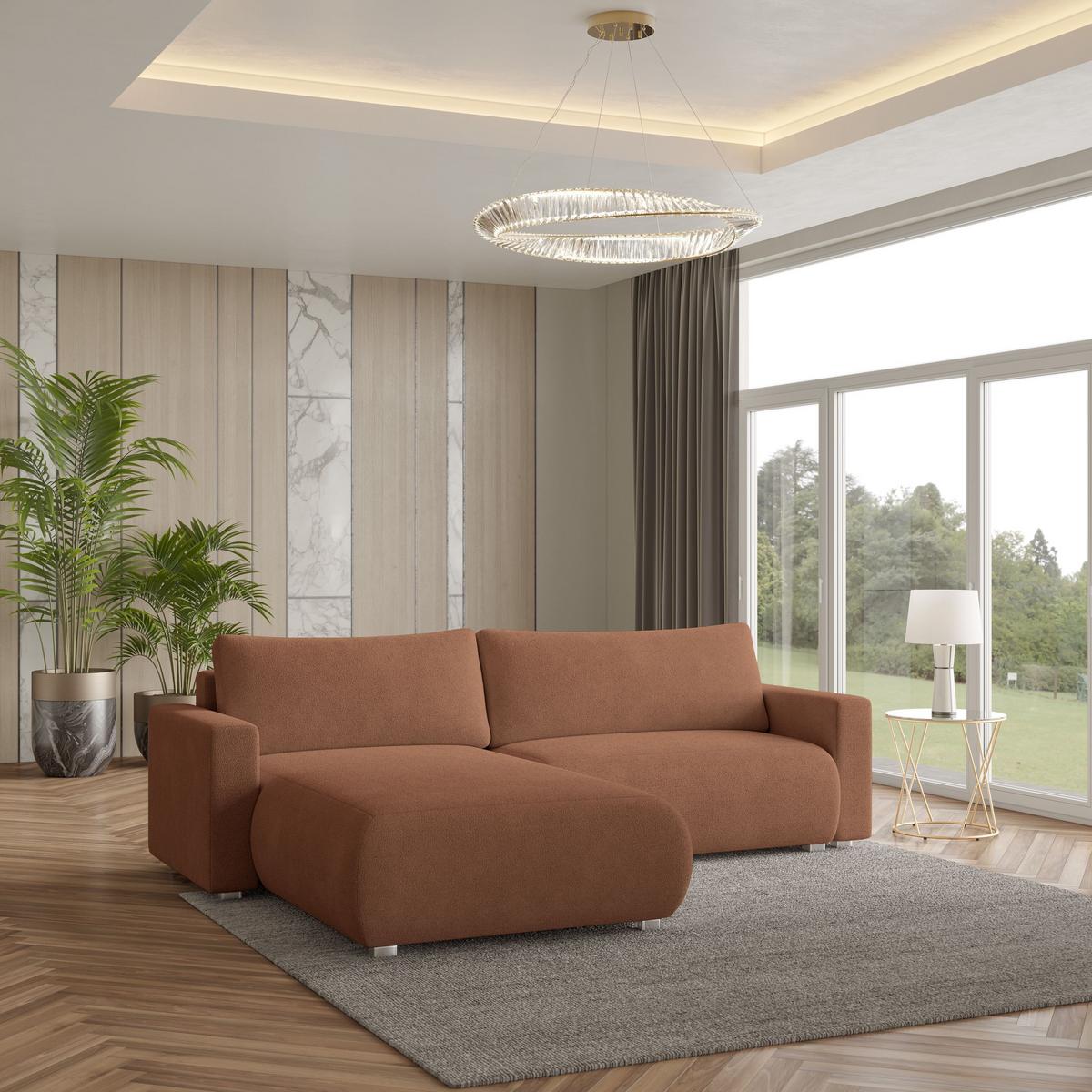ECKSOFA TURIN N Orange Bucle-Stoff mit Schlaffunktion - Orange/Grau, Holz/Kunststoff (265/183cm) - MASSENO