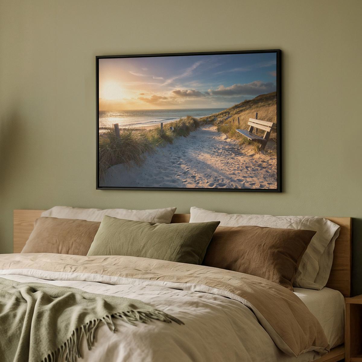LEINWAND Bilder mit Rahmen - Sonnenuntergang - Strand - Düne - Gras - Ufer - 70x50 - Sandfarben, Textil (70/50cm) - MuchoWow