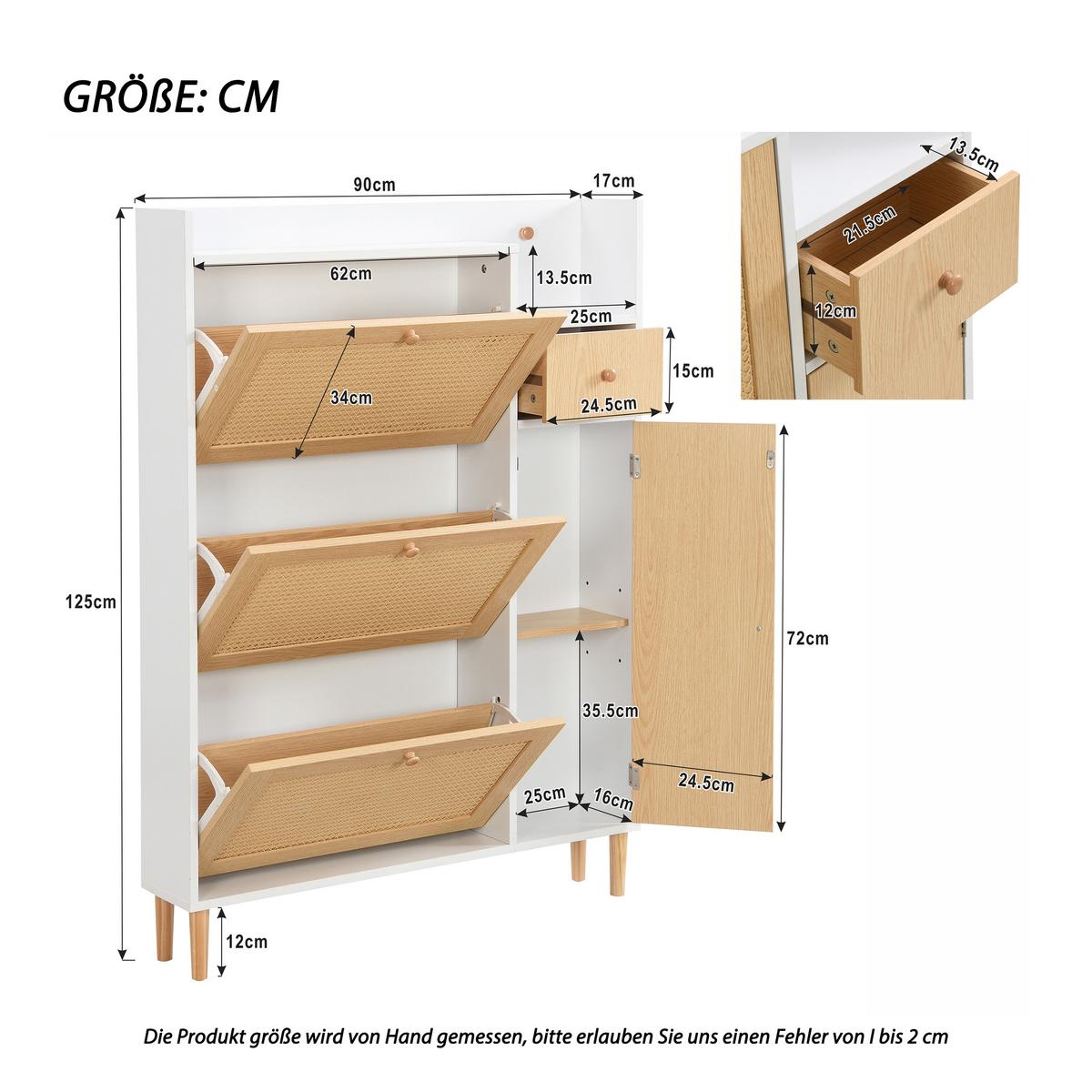 SCHUHESCHRANK Rattan Flach Weiß & Natur Mit 3 Kipp-Türen & 1 Schublade - Naturfarben, Holzwerkstoff (90/125/17cm) - Urban Meuble