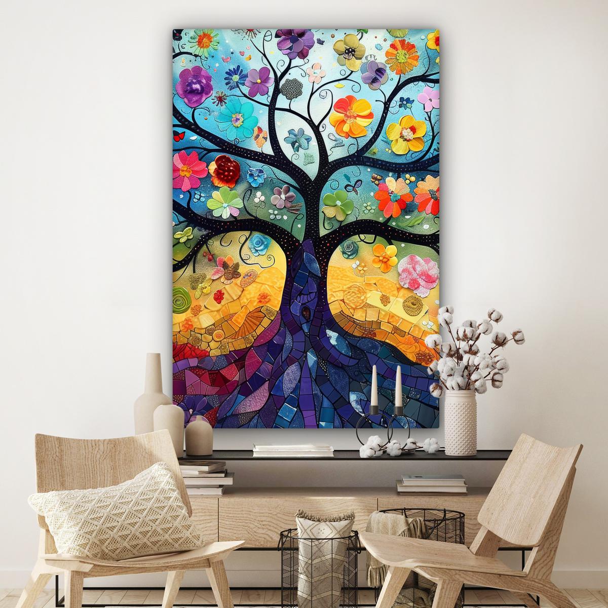 LEINWANDBILD Kunst - Baum des Lebens - Blumen - Hippie Deko Groß 90x140 cm - Dunkelblau, Textil (90/140cm) - MuchoWow