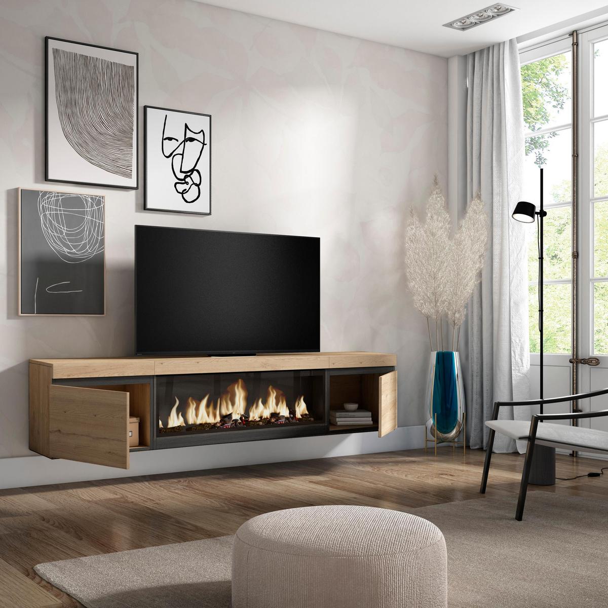 LOWBOARD, Tv-Schrank mit Elektrokamin XXL, Hängend, Eiche, 208/35/45cm - Eichefarben/Multicolor, Holzwerkstoff (208/45/35cm) - Skraut Home