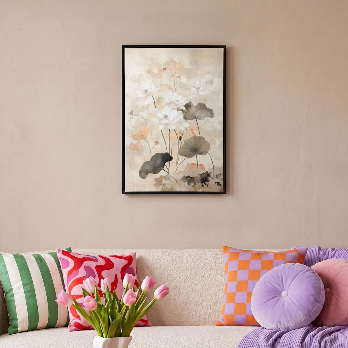 LEINWAND Bilder mit Rahmen - Blumen - Japandi - Wabi sabi - 40x60 - Sandfarben, Textil (40/60cm) - MuchoWow