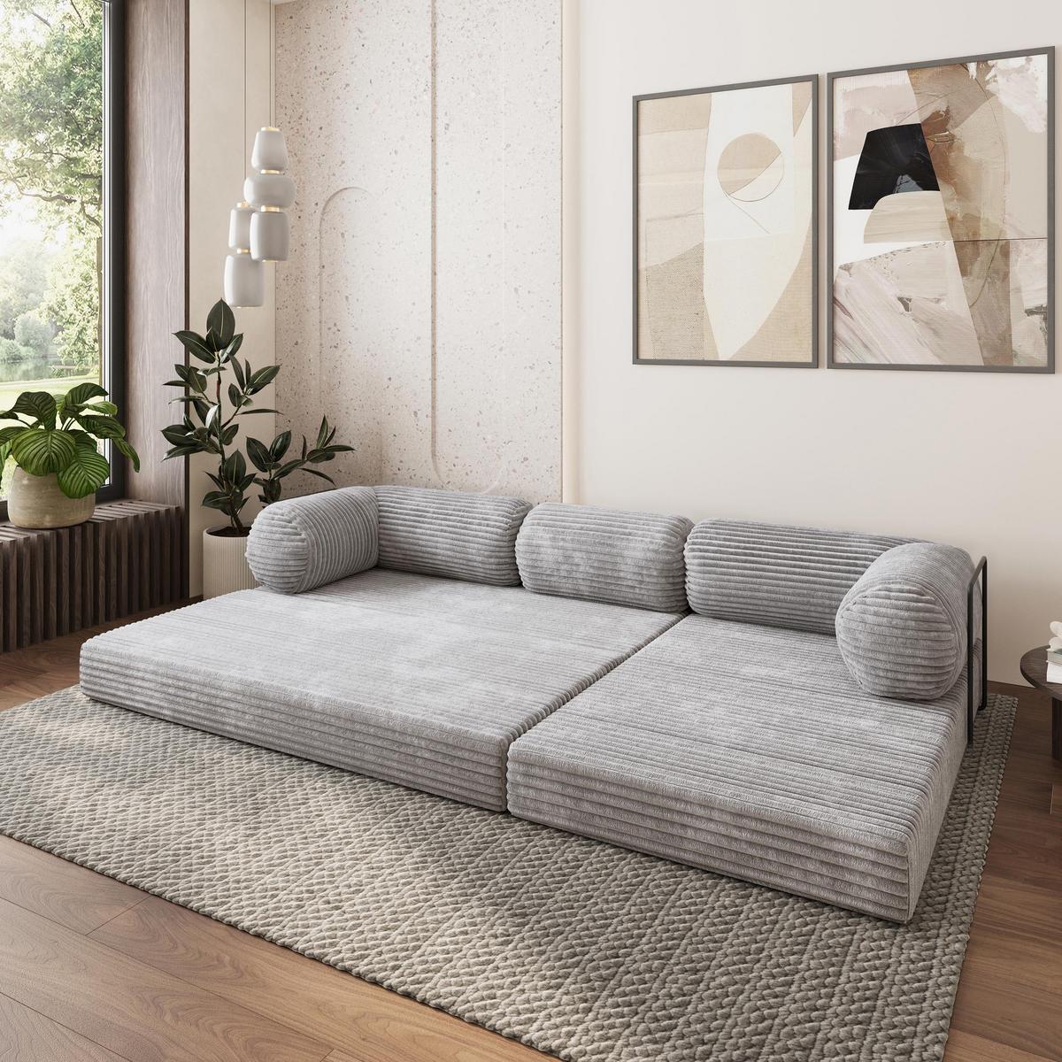 ECKSOFA ETERA modulares Boneless Sofa mit Schlaffunktion Hellgrau Kordstoff - Grau, Textil (270/160cm) - MASSENO