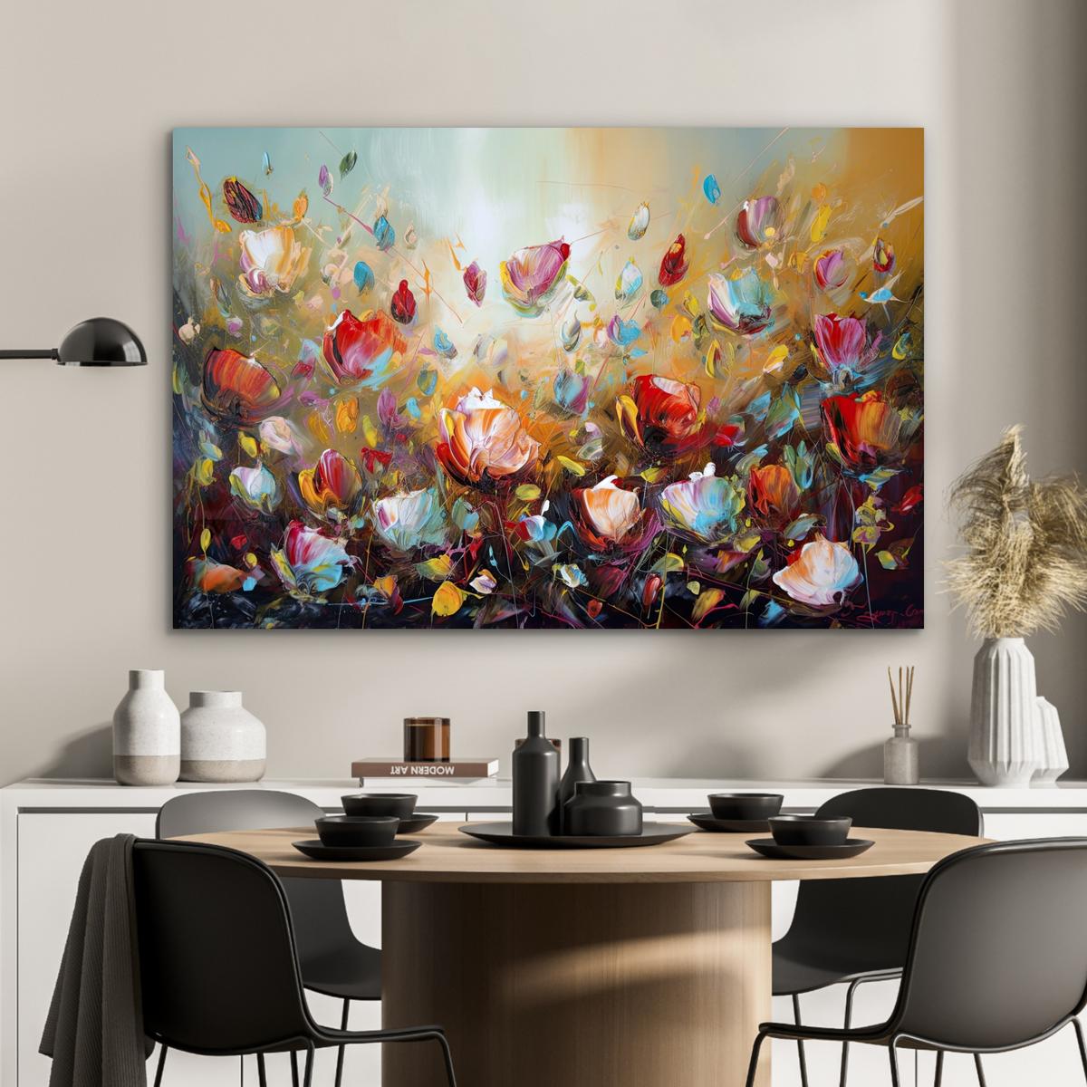 METALLBILD Blumen - Kunst - Natur - Ölgemälde Deko Groß 120x80 cm - Multicolor, Metall (120/80cm) - MuchoWow
