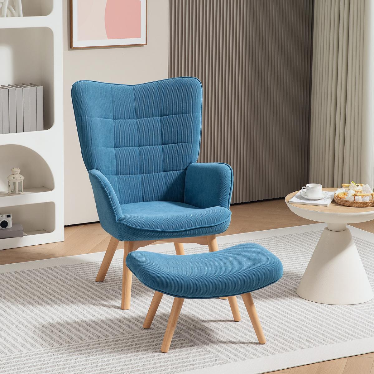 SESSEL mit Hocker, Ohrensessel mit Hoher Rückenlehne, Holzbeine, Cord, Blau - Blau/Buchefarben, Buchenholz/Textil (80/101/72cm) - HOMCOM