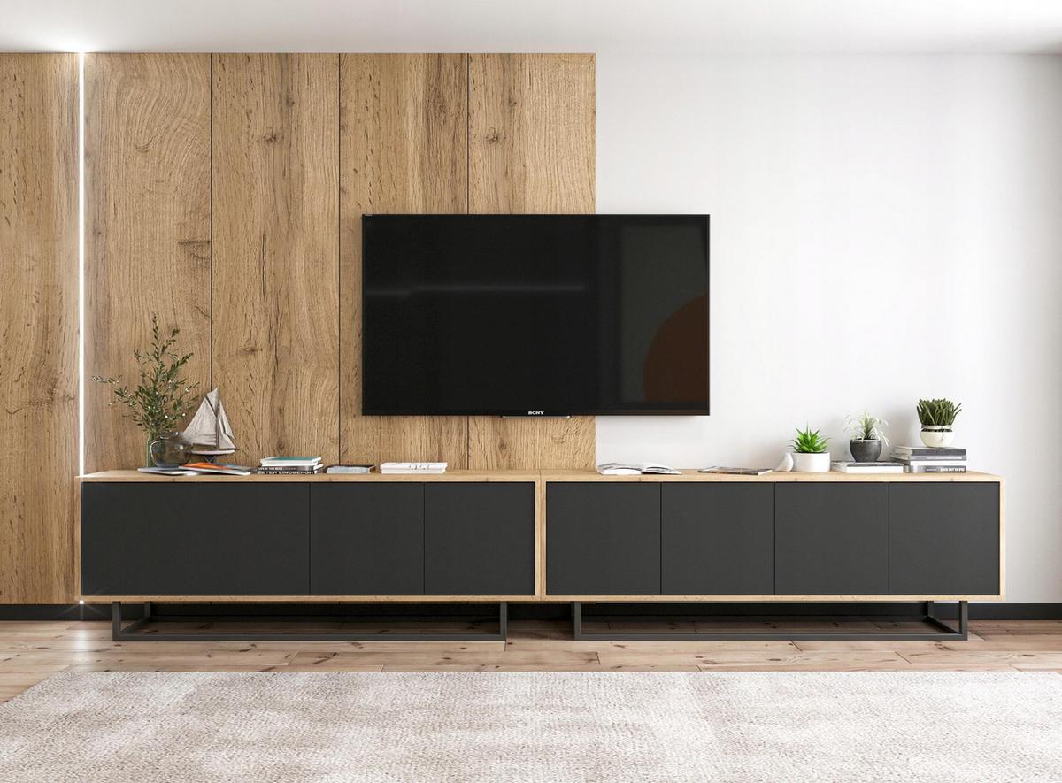 TV-SCHRANK 2-er Set Apollo2 Eiche wotan Schwarz Matt 150 cm - Schwarz, Holzwerkstoff/Metall (300/53/35cm) - Meble Lindner