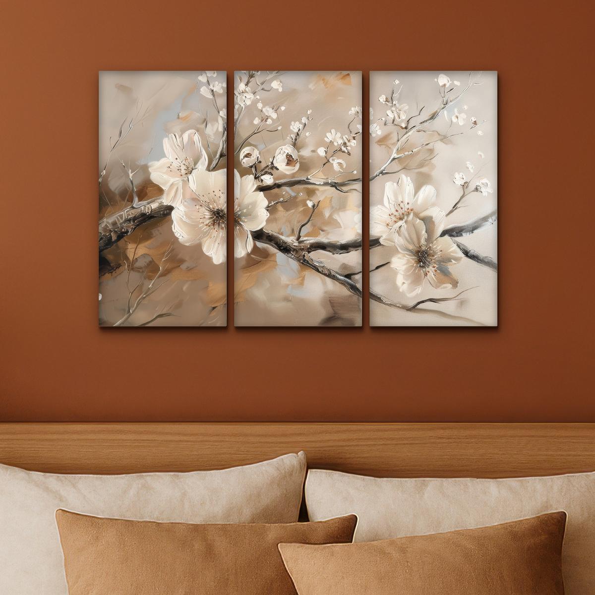 LEINWANDBILD 3er Set Blüte - Beige - Abstrakt - Blumen 60x40 cm - Hellbraun, Textil (60/40cm) - MuchoWow