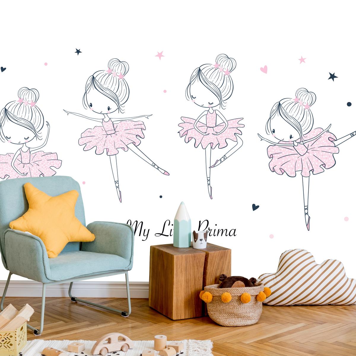 FOTOTAPETE für Kinderzimmer Kleine Ballerinen Tanzen Herzen Sterne 200x140 - Weiß, Papier (200/140cm) - Muralo
