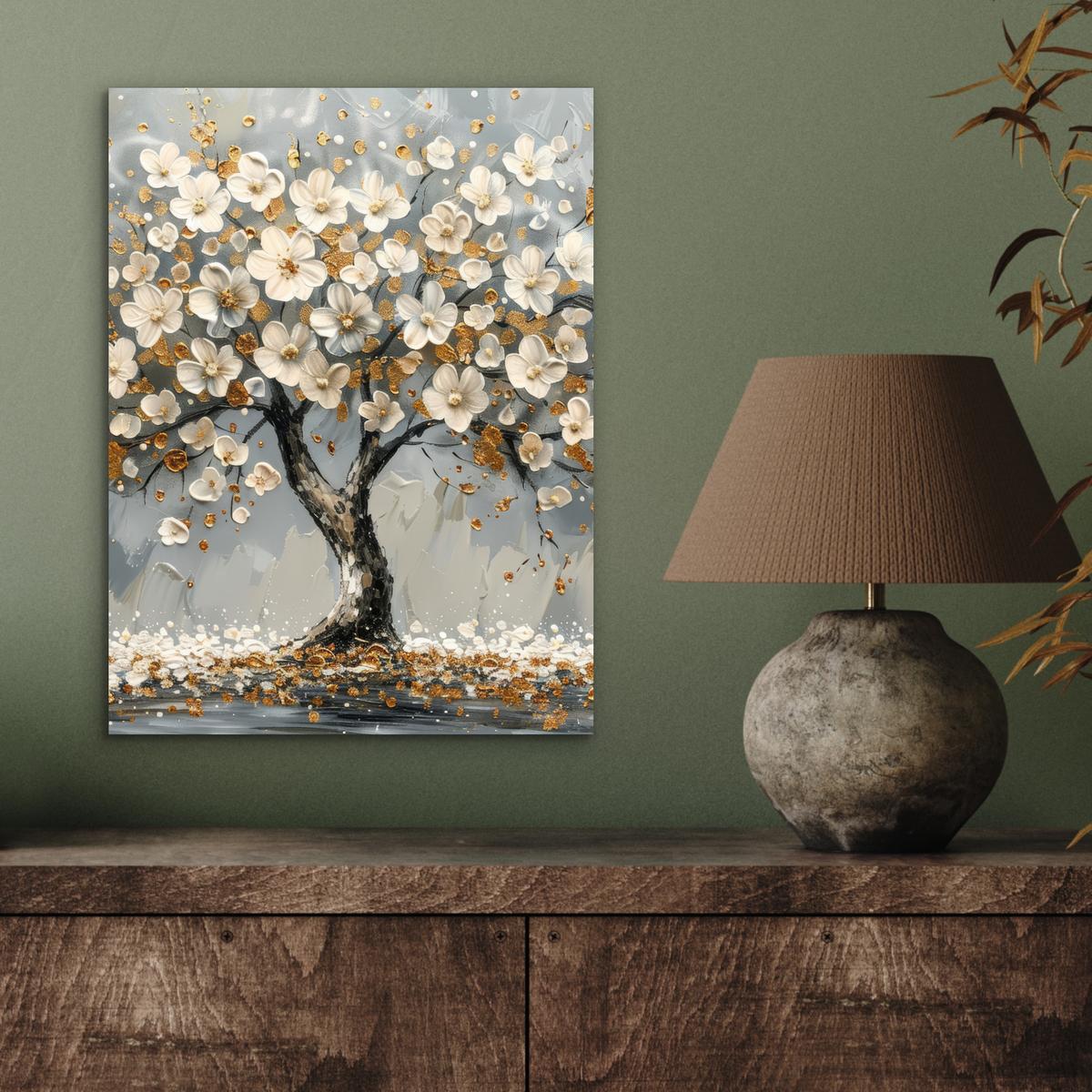 METALLBILD Baum - Blumen - Weiß - Natur - Kunst 30x40 cm - Weiß, Metall (30/40cm) - MuchoWow