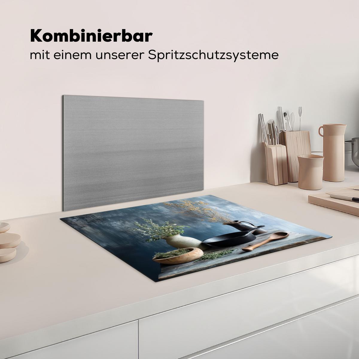 HERDABDECKPLATTE Stilleben - Kräuter - Rustikal Herdabdeckung Induktionsfeld 65x52 cm - Blaugrau, Kunststoff (65/52/0.2cm) - MuchoWow