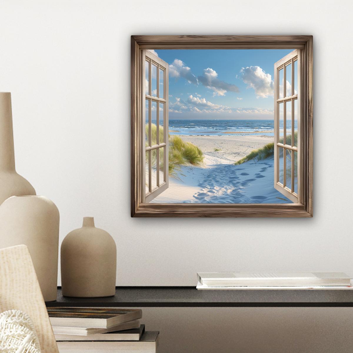 LEINWANDBILD Aussicht - Strand - Fenster - Dünen - Meer Deko Wohnzimmer 20x20 cm - Hellblau, Textil (20/20cm) - MuchoWow