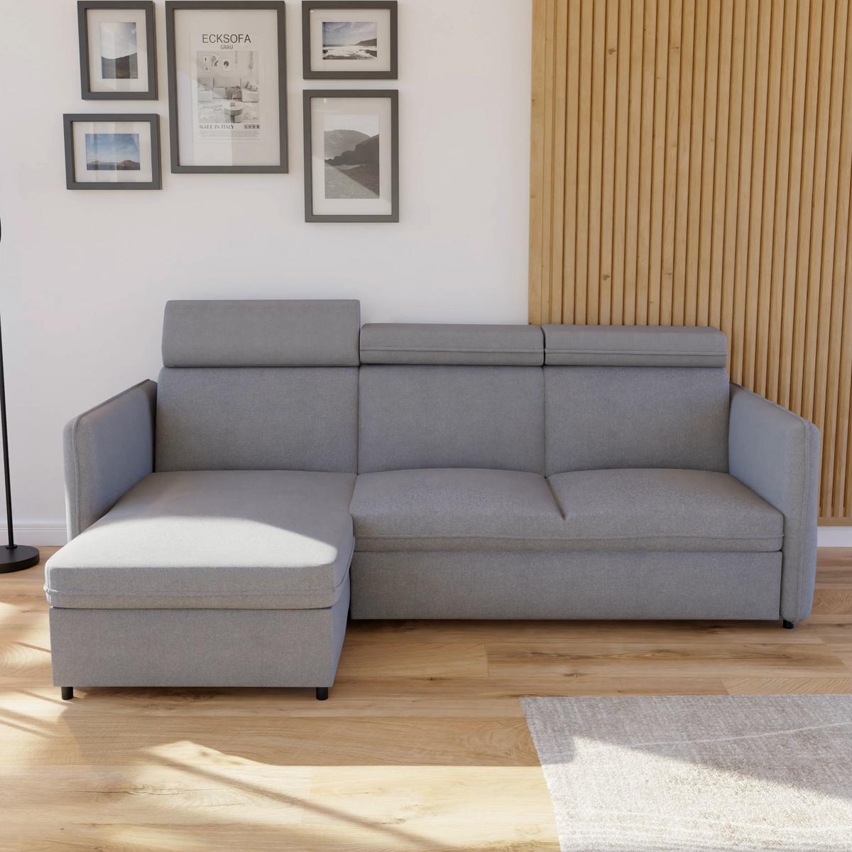 ECKSOFA mit Schlaffunktion und Bettkasten, Hellgrau - Grau, Holzwerkstoff/Textil (220/140cm) - Idohome