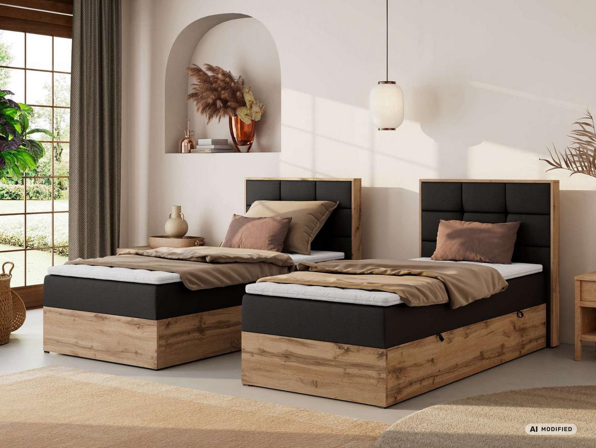 BOXBETT ALBERO 1 90/200 - Schwarz Kunstleder - Topper T25 - H3 - Rechts - Schwarz, Kunststoff/Textil (90/200cm) - MKS