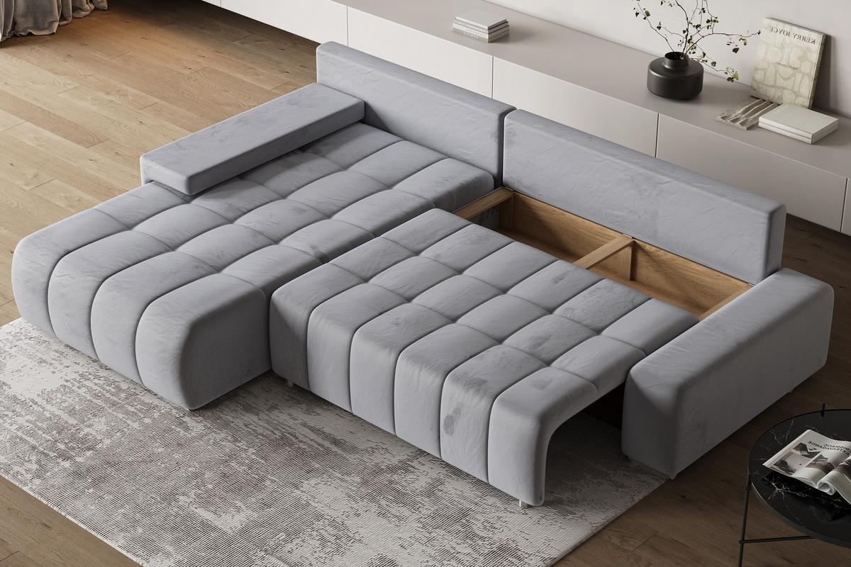 ECKSOFA ALESE L-S Hellgrau Velours-Stoff mit Schlaffunktion - Silberfarben/Hellgrau, Holz/Textil (265/185cm) - MASSENO