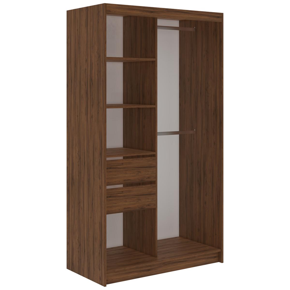SCHWEBETÜRENSCHRANK mit Schubladen 120 - SKORIA - Warmia Walnuss mit Spiegel - Walnussfarben/Alufarben, Holzwerkstoff/Metall (120/216/61cm) - MKS