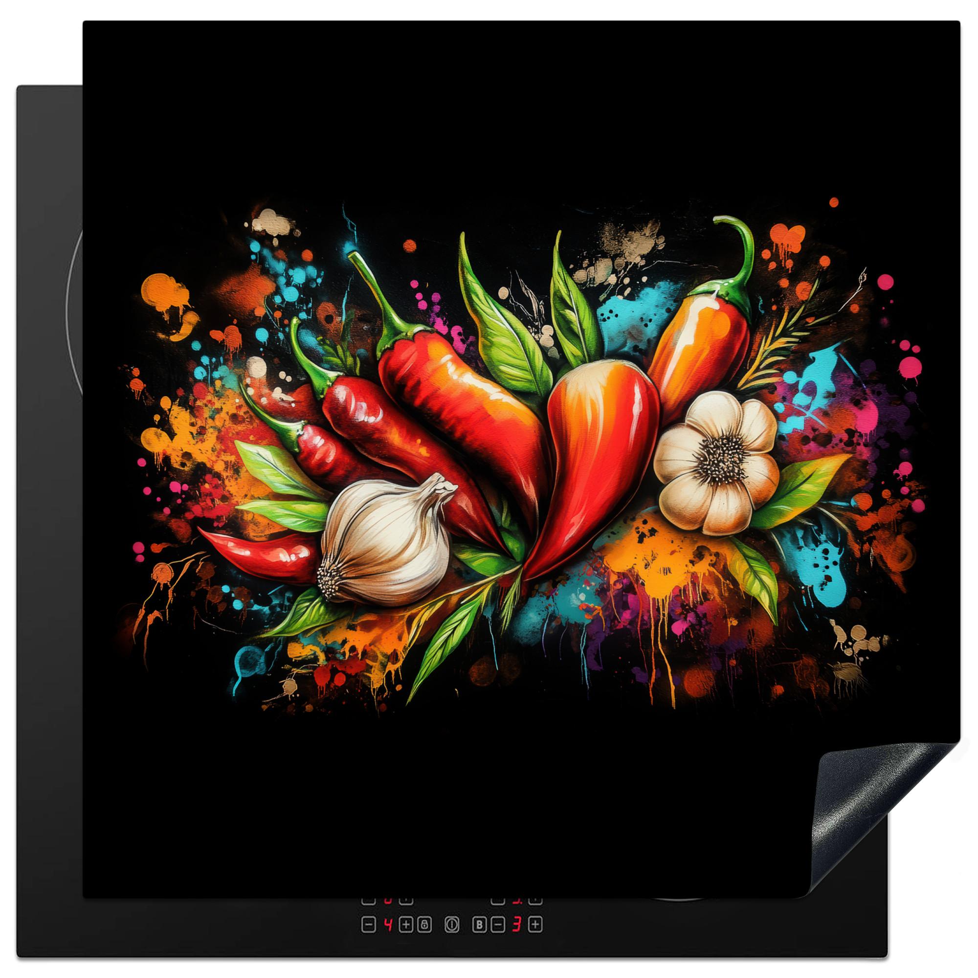 HERDABDECKPLATTE Gemüse - Paprika - Knoblauch - Graffiti - Farbe - Bunt Induktionsmatte 78x78 cm - Rot, Kunststoff (78/78/0.2cm) - MuchoWow