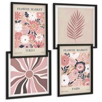 BILDER SET 4er Set - 50x50 cm & 40x60 cm Schwarzer Rahmen - Blumenmuster, Blätter, Geometrie - Schwarz, Kunststoff (50/50cm) - TULUP