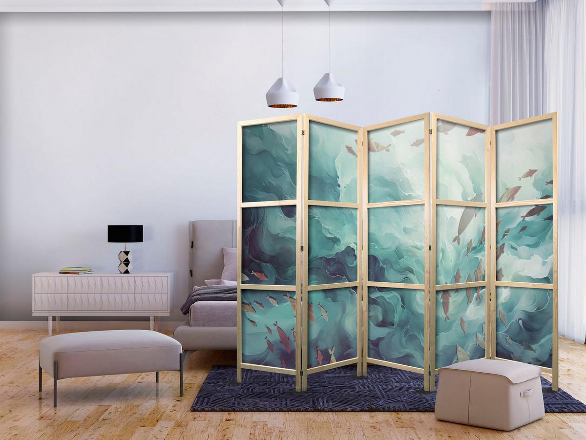 PARAVENT Japanischer 5-tlg 225x172 cm Fische Im Meer - Blau, Holz/Textil (225/172/3cm) - Muralo