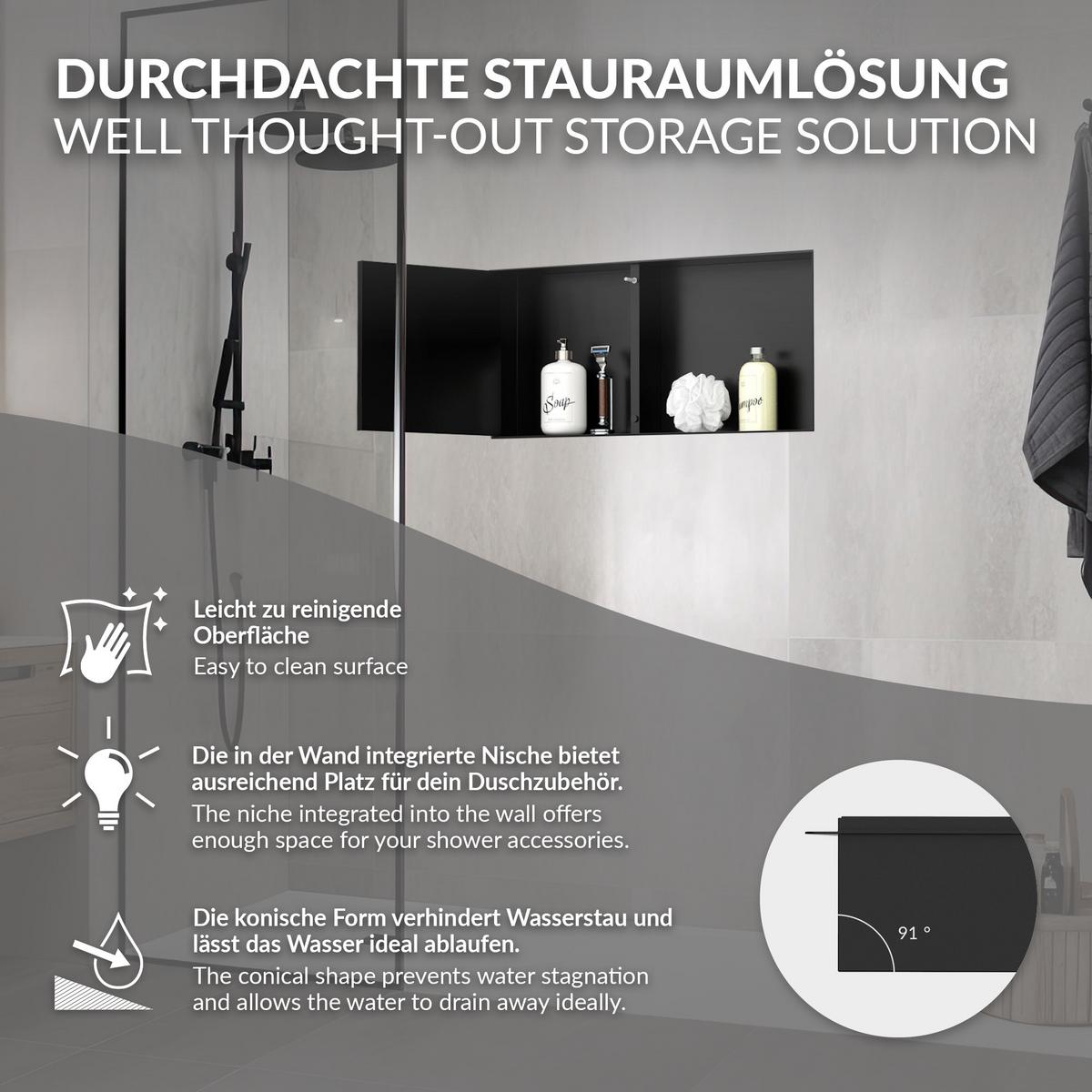 DUSCHNISCHE Edelstahl mit befliesbarer Tür Schwarz 25,5/55,5 cm - Schwarz, Metall (60/10/30cm) - LuxeBath